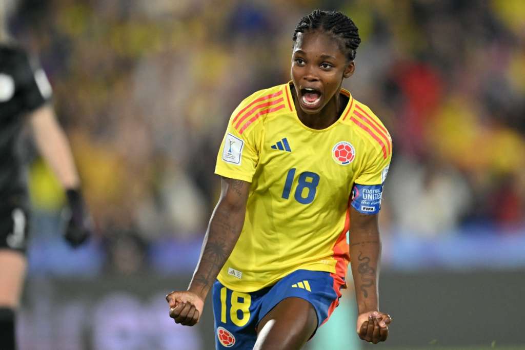 (FILES) Colombia's forward Linda Caicedo celebrates after scoring during the 2024 FIFA U-20 Women's World Cup match between Colombia and Australia at El Campin stadium in Bogota on August 31, 2024.