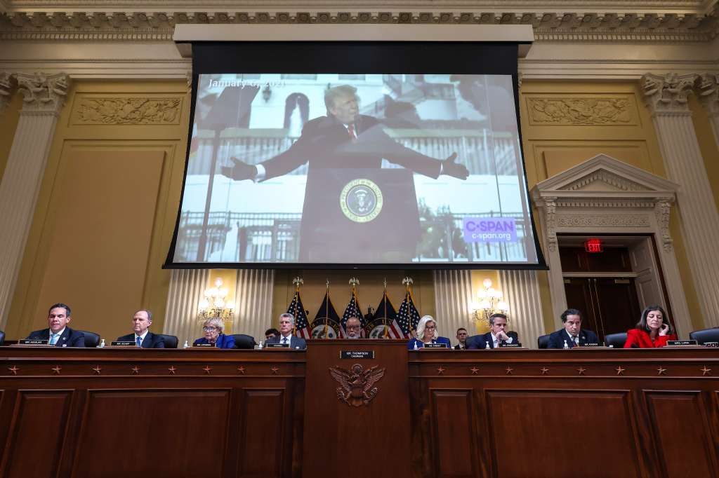 Washington (United States), 13/10/2022.- A video of former President Donald Trump is played during a hearing by the House Select Committee to Investigate the January 6th Attack on the U.S. Capitol in the Cannon House Office Building in Washington, DC, USA, 13 October 2022. The bipartisan committee, in possibly its final hearing, has been gathering evidence for almost a year related to the January 6th attack at the US Capitol. On 06 January 2021, supporters of former President Donald Trump attacked the US Capitol Building during an attempt to disrupt a congressional vote to confirm the electoral college win for President Joe Biden. The committee has now held nine public hearings. (Atentado, Estados Unidos) EFE/EPA/Alex Wong / POOL