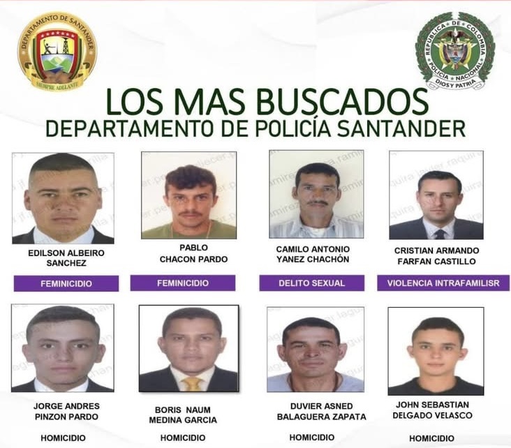 Cartel de los más buscados compartido por la policía de Santander.