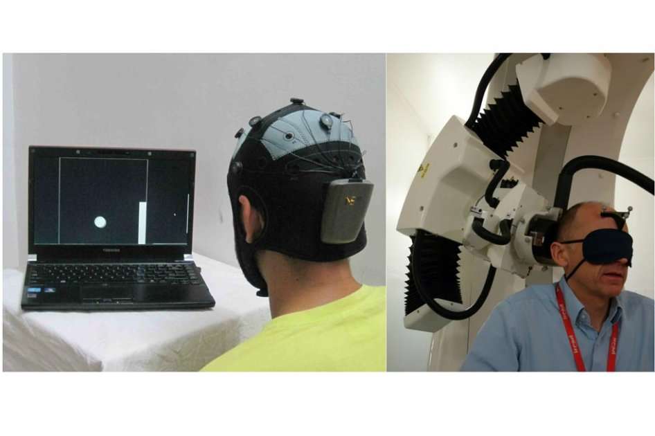El emisor con su casco de electrodos (izq.) y el receptor con el aparato que envía los impulsos a su corteza (der.). / ‘PLoS ONE’.