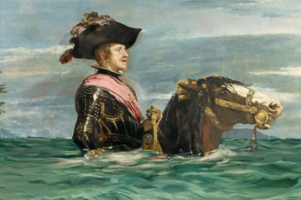 La obra Felipe IV a caballo, de Velázquez, fue una de las pinturas que fueron modificadas para plasmar las consecuencias del cambio climático. / Museo del Prado - WWF