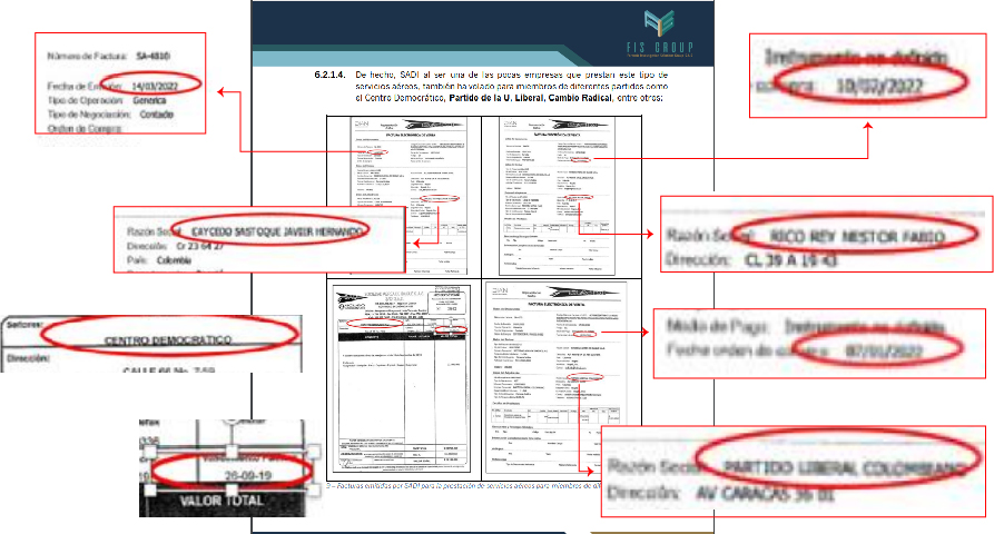 Imagen de las facturas emitidas por SADI para la prestación de servicios aéreos para miembros de diferentes partidos, incluidas en el informe de defensa del presidente Gustavo Petro.