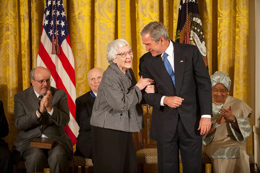 President George W. Bush shares a moment with author Harper Lee Monday, Nov. 5, 2007, prior to presenting her with the Presidential Medal of Freedom during ceremonies in the East Room of the White House. Photo by Eric Draper, Courtesy of the George W. Bush Presidential Library and Museum