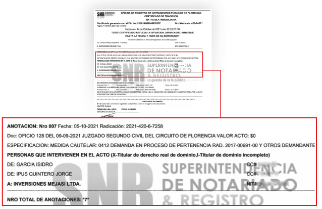 Facsímil del certificado de tradición y libertad del predio Hacienda La Gaitana, emitido el pasado 14 de octubre de 2021.