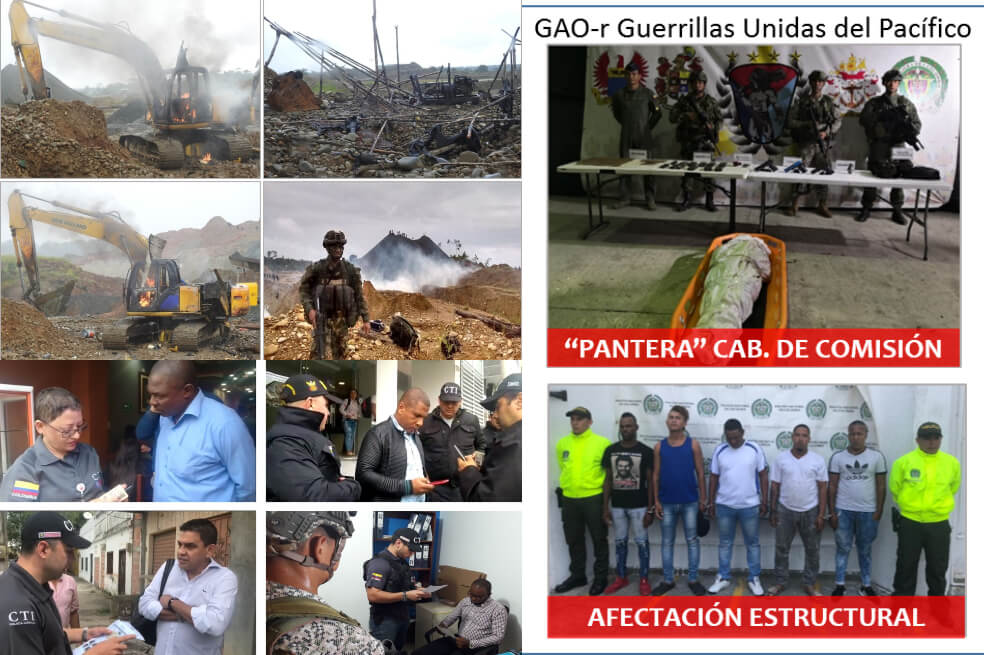 Algunas imágenes del operativo muestran cómo se incineró la maquinaria para la minería ilegal (arriba izq.); las capturas de los alcaldes (abajo izq.) y los miembros de grupos armados ilegales que fueron capturados (der.) / Cortesía MinDefensa