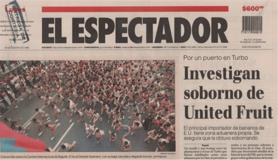 Una de las primeras denuncias de "El Espectador" contra las maniobras de Chiquita Brands en el Urabá antioqueño en 1998.
