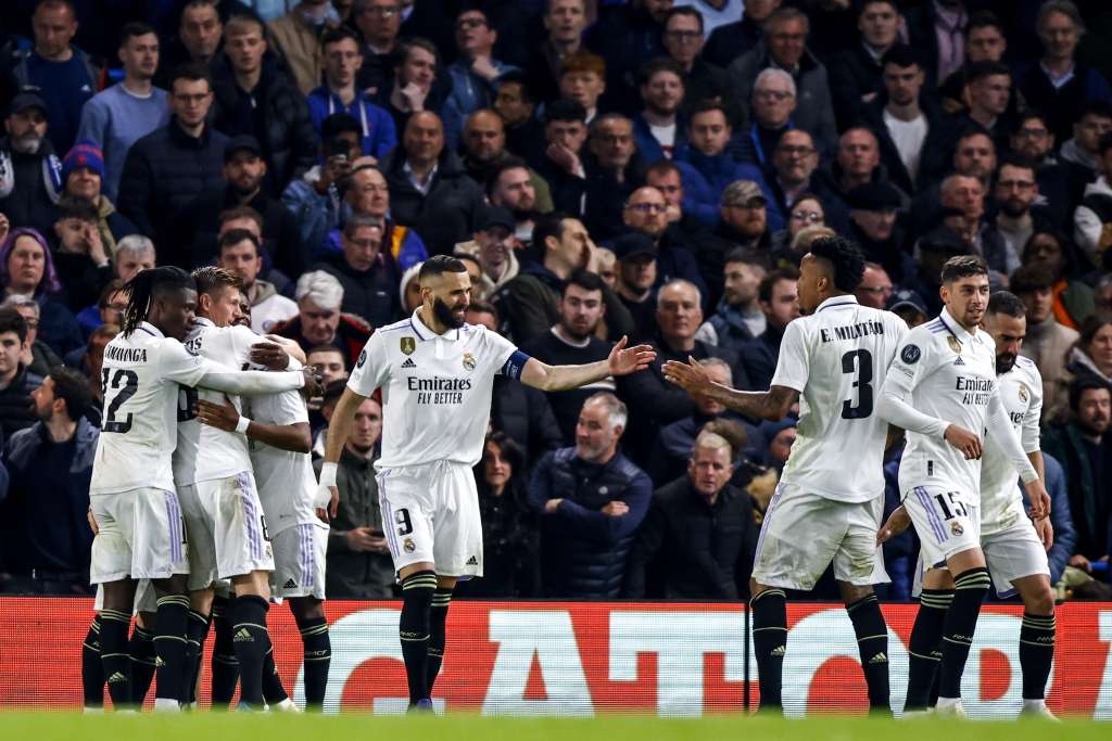 London (United Kingdom), 18/04/2023.- Players of Real Madrid celebrate the 0-1 goal during the UEFA Champions League quarter final, 2nd leg match between Chelsea and Real Madrid in London, Britain, 18 April 2023. (Liga de Campeones, Reino Unido, Londres) EFE/EPA/TOLGA AKMEN