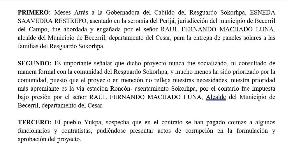 Facsímil del derecho de petición que enviaron las autoridades indígenas advirtiendo que no hubo consulta previa en el proyecto.