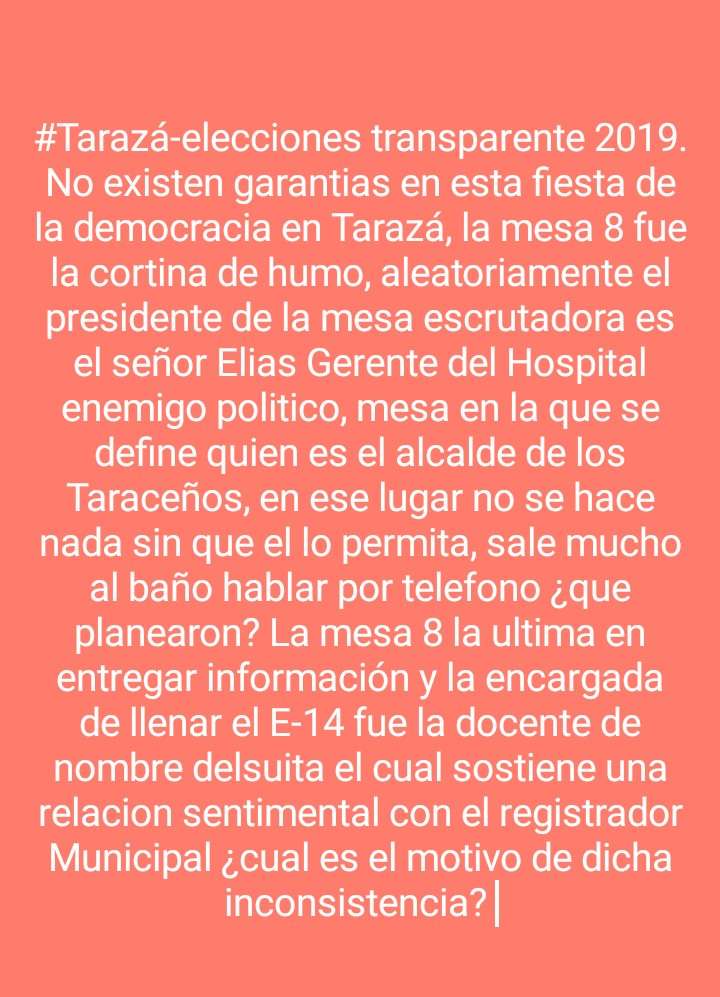 De acuerdo con la fuente, Gómez es la ficha de la actual alcaldesa para continuar al mando de Tarazá, por tal motivo hicieron la petición del reconteo asignando a personas cercanas a la administración para que lo hicieran. Así mismo, de acuerdo con la fuente, el registrador municipal tampoco da garantías porque, explica, es cuota de la maquinaria que maneja el poder local.