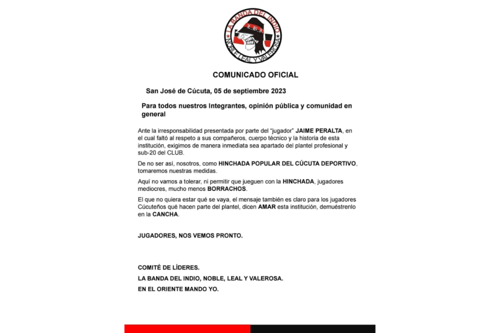 Carta de la hinchada del Cúcuta respecto al comportamiento de Jaime Peralta.