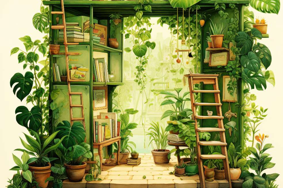 Ilustración generada por computador que muestra una biblioteca con muchas plantas alrededor.