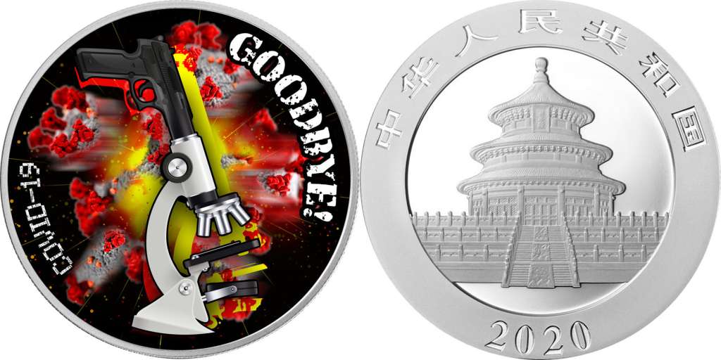 Moneda de plata fina de una onza de 10 yuanes, representa "el deseo de la victoria de la ciencia contra el coronavirus imparable". El reverso presenta una pistola conectada a un microscopio "que destruye simbólicamente el virus en mil pedazos", agregó. El anverso presenta el templo de la Ciudad Prohibida y la fecha del año 2020.