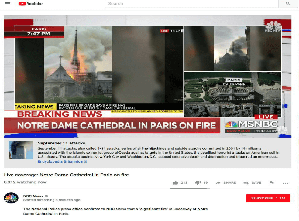 Así se vio el banner "anti fake news" que, por error, desplegó YouTube. / Tomado de Twitter @donie