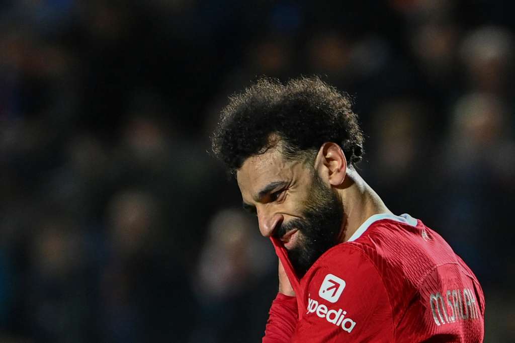 Liverpool's Egyptian forward #11 Mohamed Salah reacts during the UEFA Europa League quarter-final second leg football match between Atalanta BC and Liverpool FC at the Atleti Azzurri d'Italia Stadium in Bergamo, on April 18, 2024.
