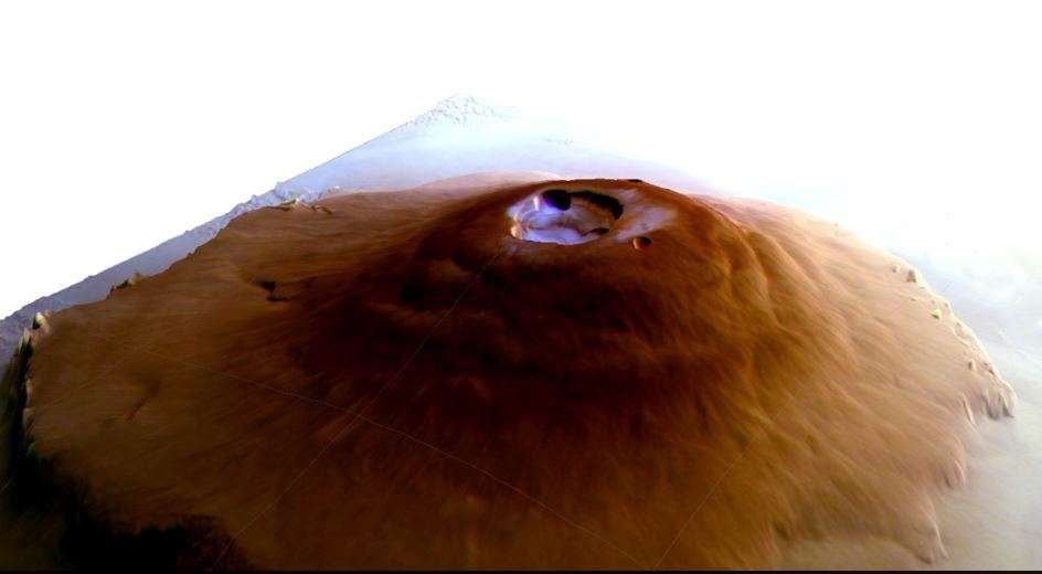 Esta vista oblicua en perspectiva simulada muestra Olympus Mons, el volcán más alto no solo de Marte sino de todo el sistema solar. El volcán mide unos 600 km de diámetro. Crédito: ESA/DLR/FU Berlín (A. Valantinas)