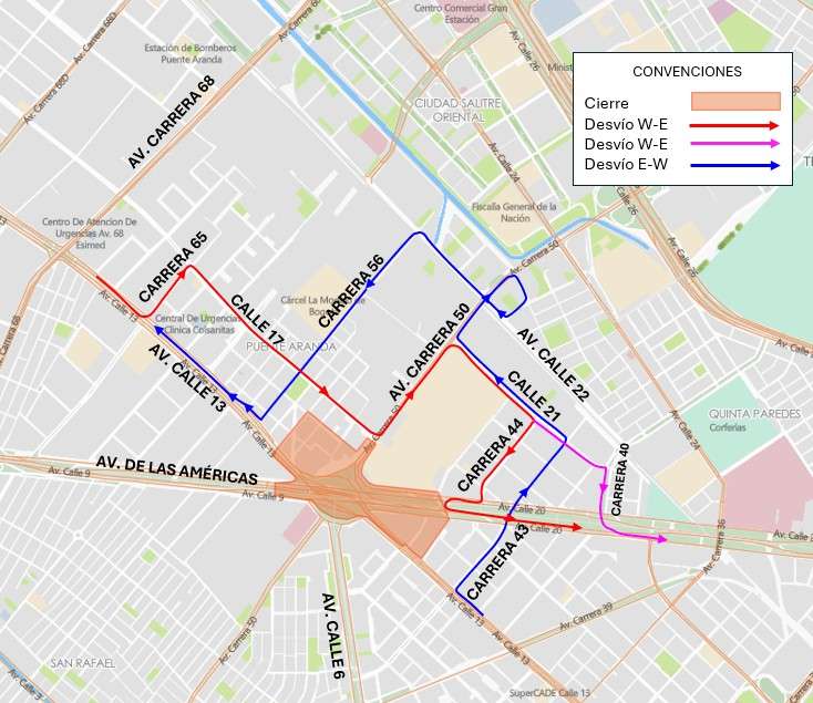 Mapa de cierres viales y desvíos por implosión puente de la carrera 50.