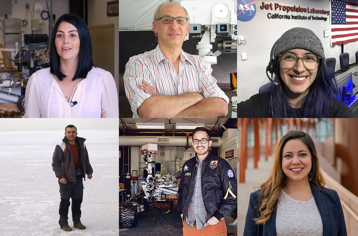 De izquierda a derecha, y de arriba abajo, algunos participantes en la misión Mars 2020: Diana Trujillo, Alejandro San Martín, Christina Hernández, Felipe Gómez, Elio Morillo y Corinne Rojas. / NASA/CAB