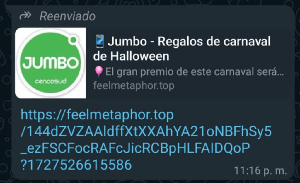 Así luce la amenaza que se distribuye por Wathsapp.