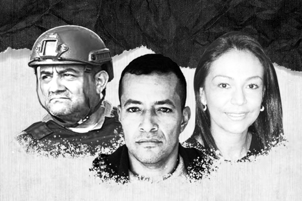 Alias Otoniel (izquierda), alias Nicolás (centro) y la abogada Consuelo Parra (derecha)./ Ilustración: Eder Leandro Rodríguez.