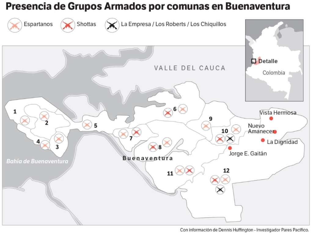 De las 12 comunas que hay en Buenaventura, en seis hay presencia de dos o más bandas criminales. Elaboración con información de Pares.