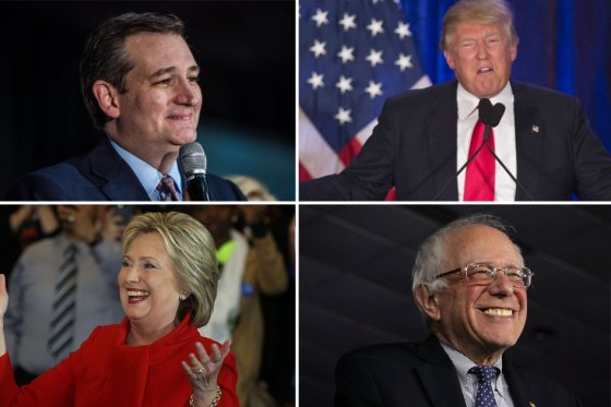 Los demócratas Hillary Clinton y Bernie Sanders, y los republicanos Ted Cruz y Donald Trump. / Archivo AFP