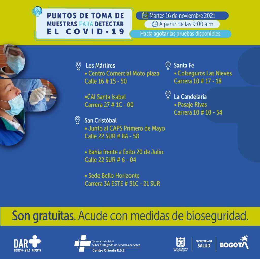 ¿Dónde hay pruebas gratuitas para Covid-19 este martes en Bogotá?