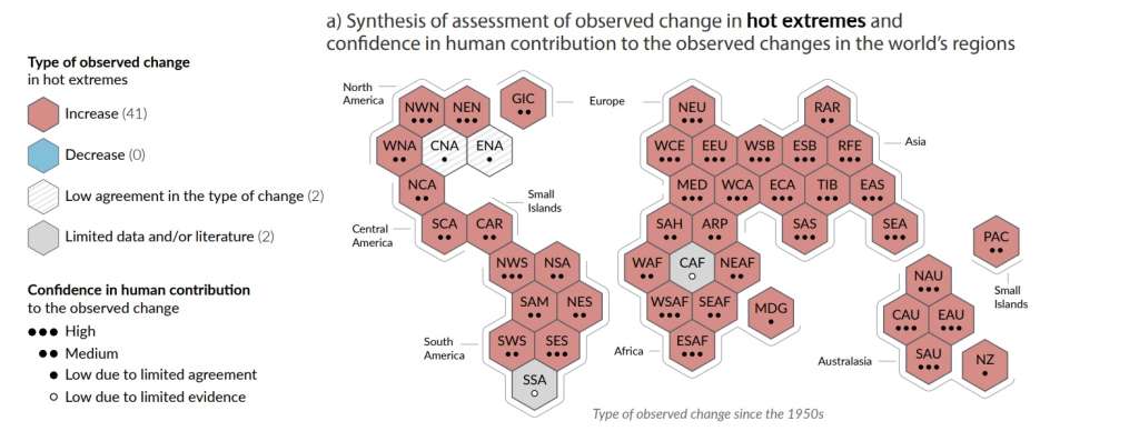 Las 45 regiones y los extremos de calor. El rojo indica un aumento en estos eventos, mientras el blanco indica que no hay suficiente información.