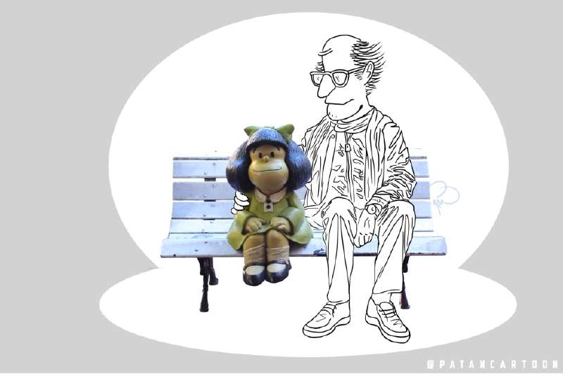 En la ilustración, Joaquín Salvador Lavado (Quino) al lado de la estatua de Mafalda en el barrio San Telmo, en Buenos Aires. / Ilustración - Patán