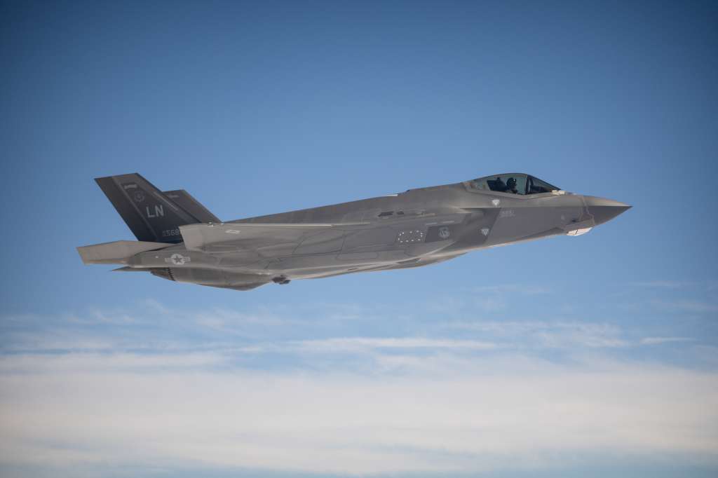 (FILES) This photograph taken aboard a French Air Force Airbus A330 MRTT (Multi Role Tanker Transport), over Greek territorial waters, October 4, 2024 shows an US stealth multirole combat aircraft Lockheed Martin F-35 waiting for an aerial refueling, while he participates in the "Ramstein Flag 2024" exercice.
