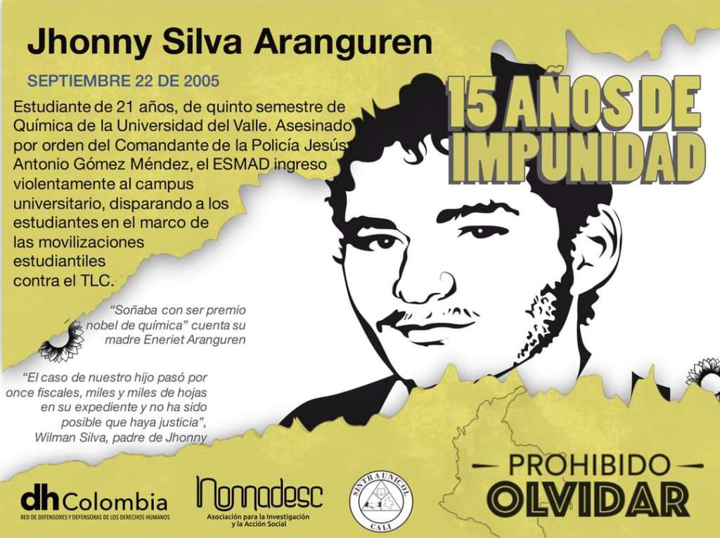 Conmemoración de los 15 años de la muerte de Jhonny Silva, víctima de una bala en medio de protestas en la Universidad del Valle