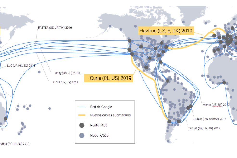 Así luce la red de cables submarinos que conectan los continentes. En amarillo se puede apreciar por dónde irá "Curie". / Tomado de latam.googleblog.com