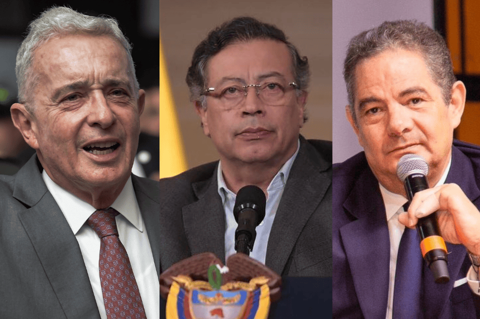 El expresidente Álvaro Uribe (izq.) y Germán Vargas Lleras (der.) han sentado posición en contra de las reformas del presidente Gustavo Petro (centro).