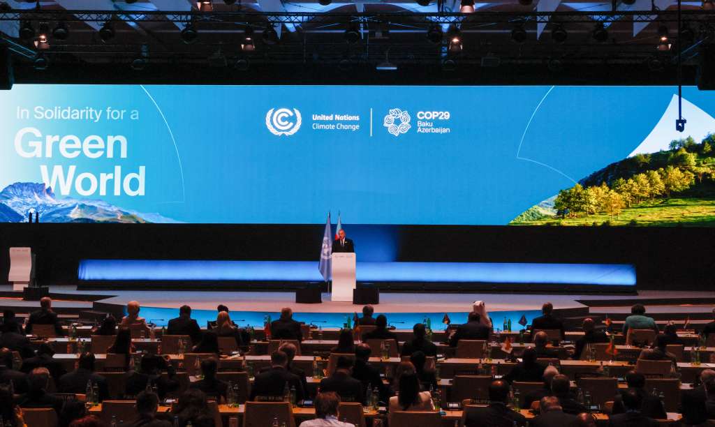 Baku (Azerbaijan), 12/11/2024.- Azerbaijan's President Ilham Aliyev delivers a speech at the UN Climate Change Conference COP29 in Baku, Azerbaijan, 12 November 2024. The Azerbaijani capital of Baku hosts the 2024 United Nations Climate Change Conference (COP29) from 11 to 22 November 2024. (Azerbaiyán) EFE/EPA/IGOR KOVALENKO