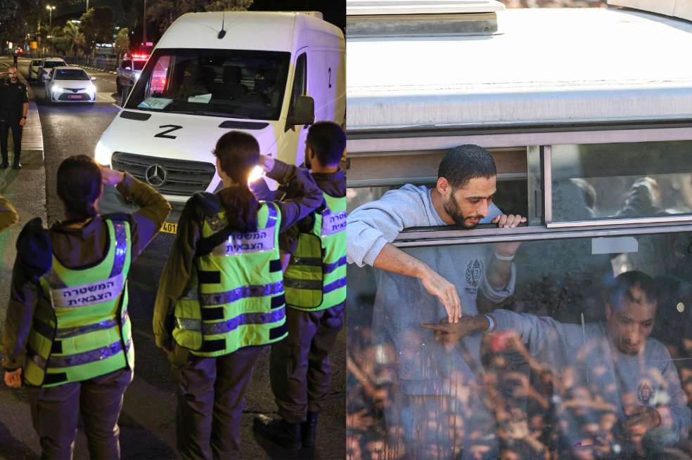 Collage de fotos que muestra la llegada a Israel de cuerpos de rehenes fallecidos en Gaza y el arribo de palestinos al enclave.