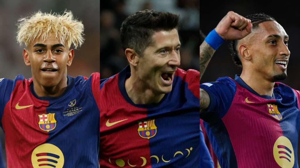 Lamine Yamal, Robert Lewandowski y Raphinha: el tridente letal del Barcelona.