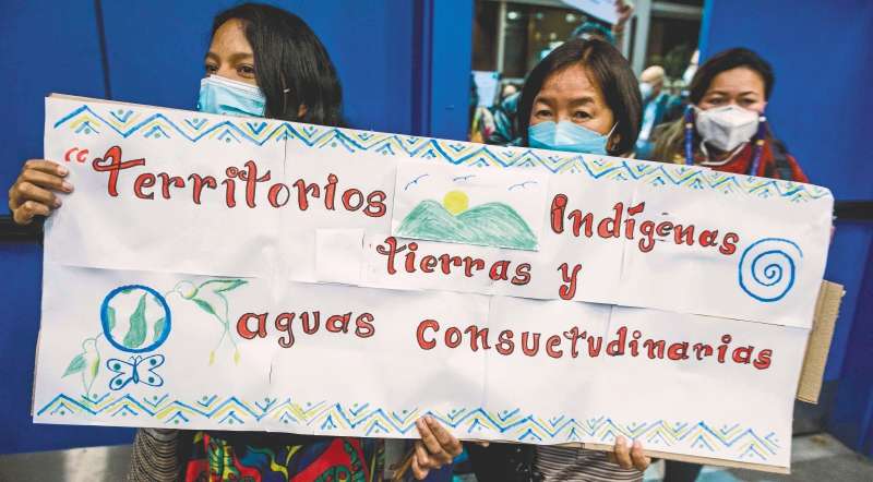 Manifestantes del Foro Internacional Indígena sobre Biodiversidad (FIIB) en el centro de convenciones donde se lleva a cabo la COP15. / AFP.