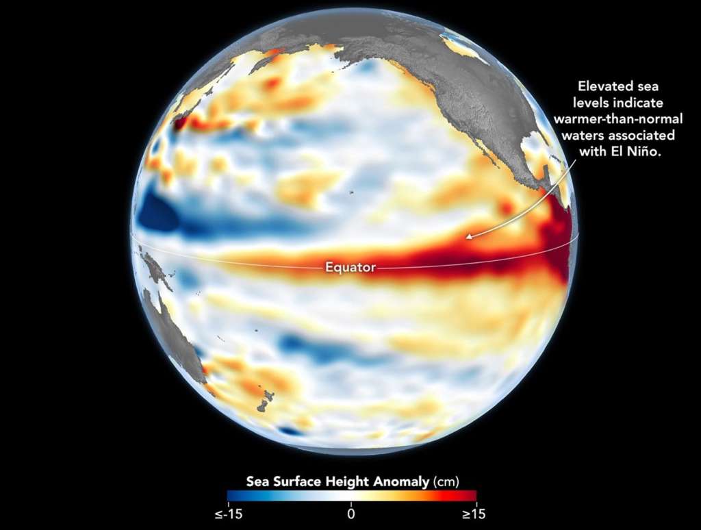 El 8 de junio de 2026 se observan niveles del mar superiores a lo normal (en rojo) en el Pacífico central y oriental.