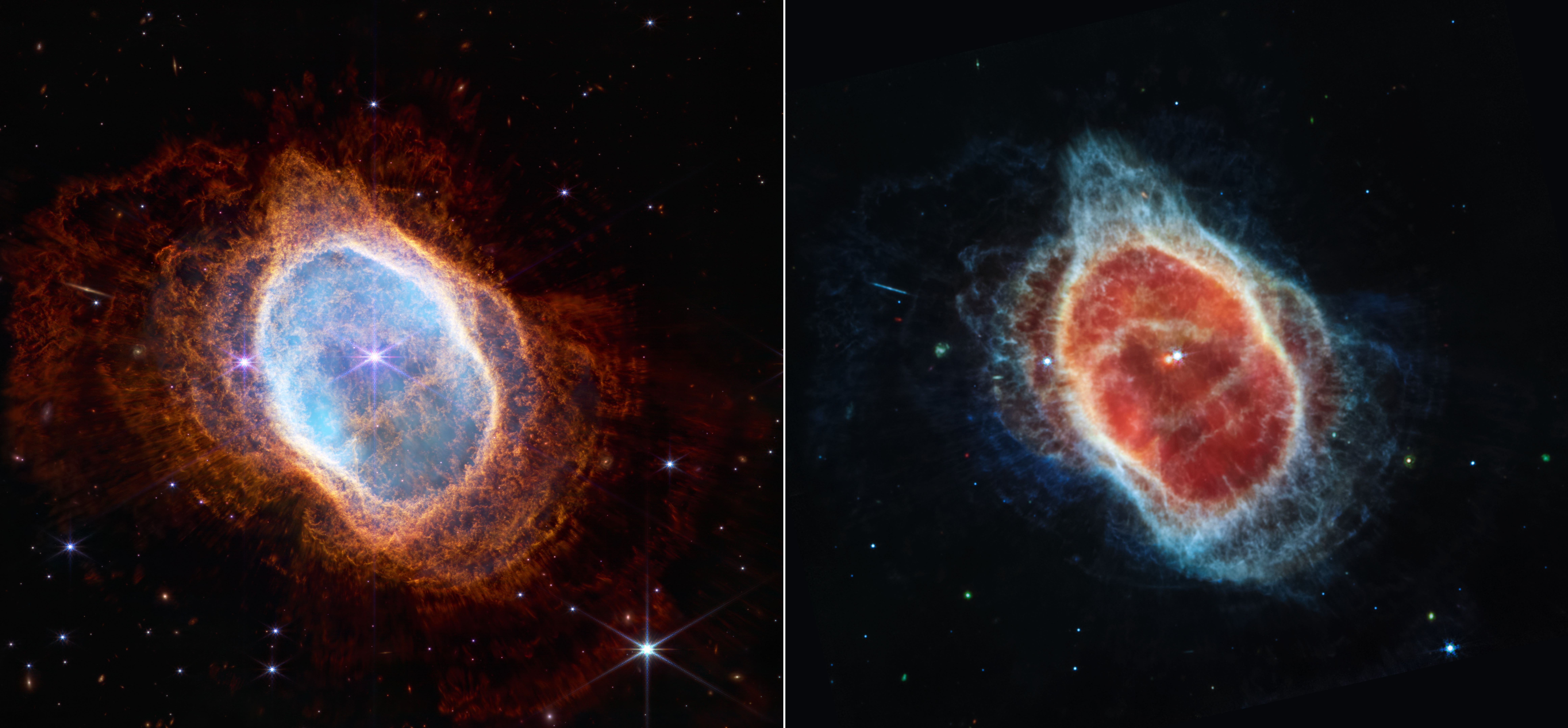 Ngc 3132 (---), 12/07/2022.- A handout photo made available by the NASA shows the planetary nebula cataloged as NGC 3132, and known informally as the Southern Ring Nebula, captured by two cameras aboard the James Webb Telescope and released on 12 July 2022. The dimmer star at the center of this scene has been sending out rings of gas and dust for thousands of years in all directions, and NASA'Äôs James Webb Space Telescope has revealed for the first time that this star is cloaked in dust. It is approximately 2,500 light-years away. (Estados Unidos) EFE/EPA/NASA, ESA, CSA, and STScI HANDOUT MANDATORY CREDIT: (NASA, ESA, CSA, and STScI) HANDOUT EDITORIAL USE ONLY/NO SALES