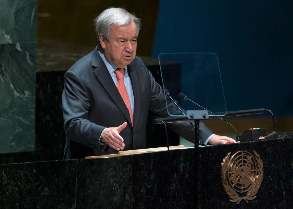New York (United States), 01/08/2022.- United Nations Secretary-General Antonio Guterres addresses the Tenth Review Conference of the Parties to the Treaty on the Non-Proliferation of Nuclear Weapons (NPT) at United Nations headquarters in New York, New York, USA, 01 August 2022. The NPT is an international treaty intended to prevent the spread of nuclear weapons and promote the safety of nuclear energy, with the long term objective of achieving complete disarmament. (Estados Unidos, Nueva York) EFE/EPA/JUSTIN LANE