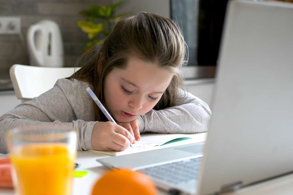 Imagen de una niña estudiando frente al computador.