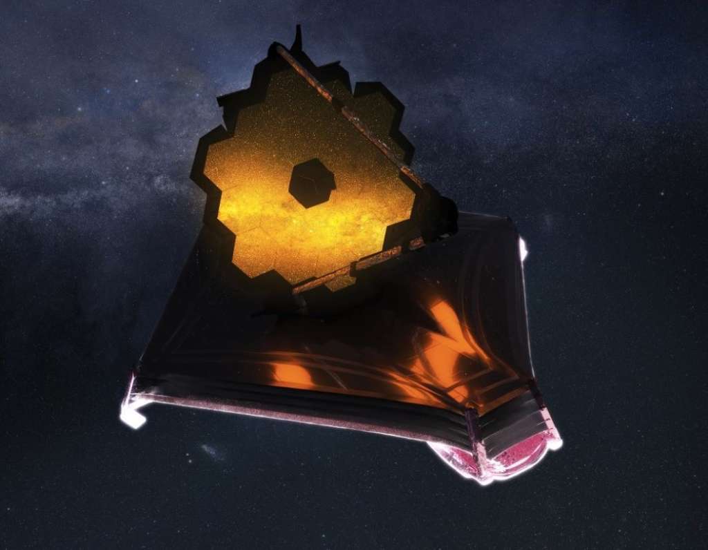 La concepción de la artista Adriana Manrique Gutiérrez, animadora de la NASA, muestra el telescopio espacial James Webb completamente desplegado en el espacio.