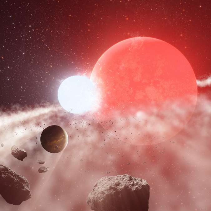 La estrella se habría inflado hasta 1,5 veces la distancia orbital del planeta, engullendo al planeta en el proceso, antes de reducirse a su tamaño actual a solo una décima parte de esa distancia. (Crédito de la foto: Observatorio WM Keck/Adam Makarenko)