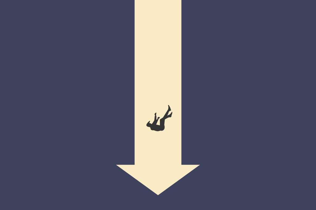Ilustración que muestra a una persona cayendo y de fondo hay una flecha que señala hacia abajo.