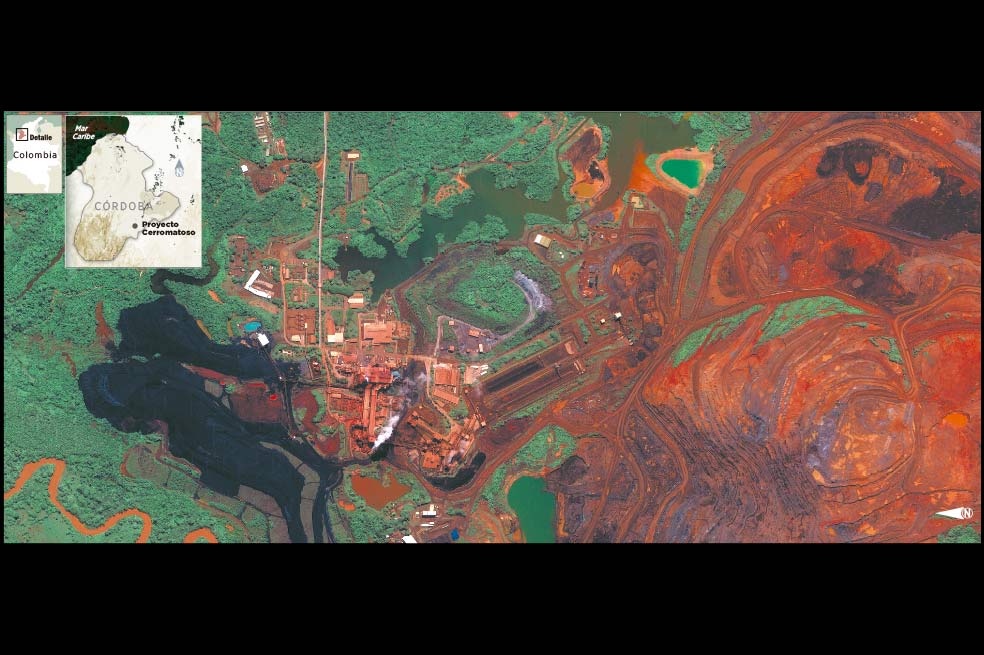 Panorámica de las 686 hectáreas de la única mina de níquel en Colombia que durante 30 años ha explotado Cerro Matoso . / Imágen tomada de Google Earth