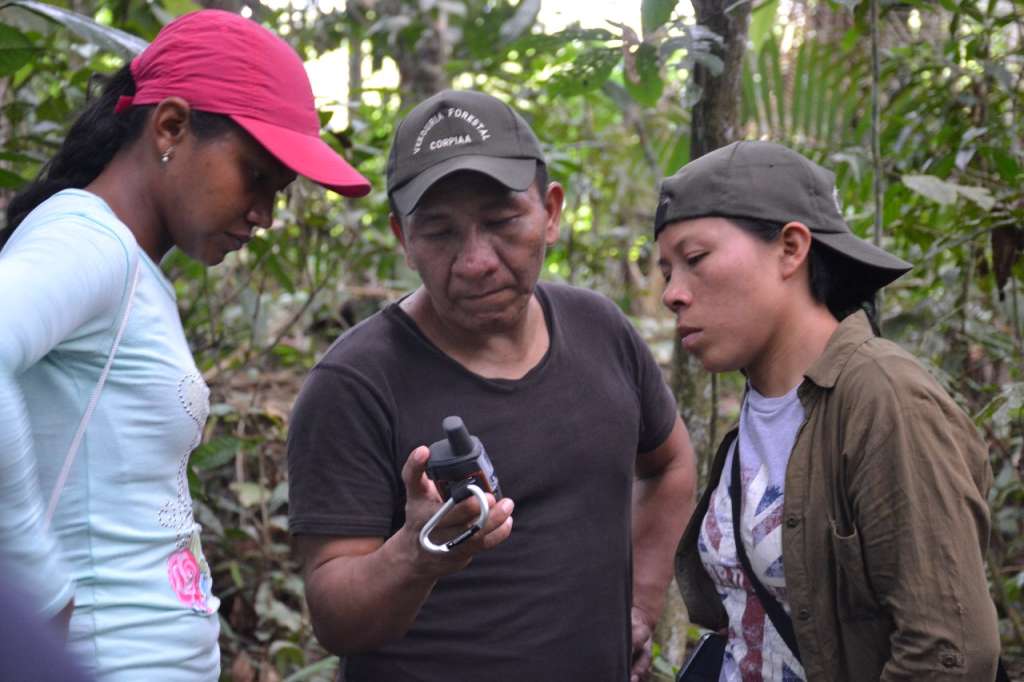 Indígenas Waorani del Ecuador haciendo veeduría comunitaria con GPS.  / Cortesía Amazonia 2.0