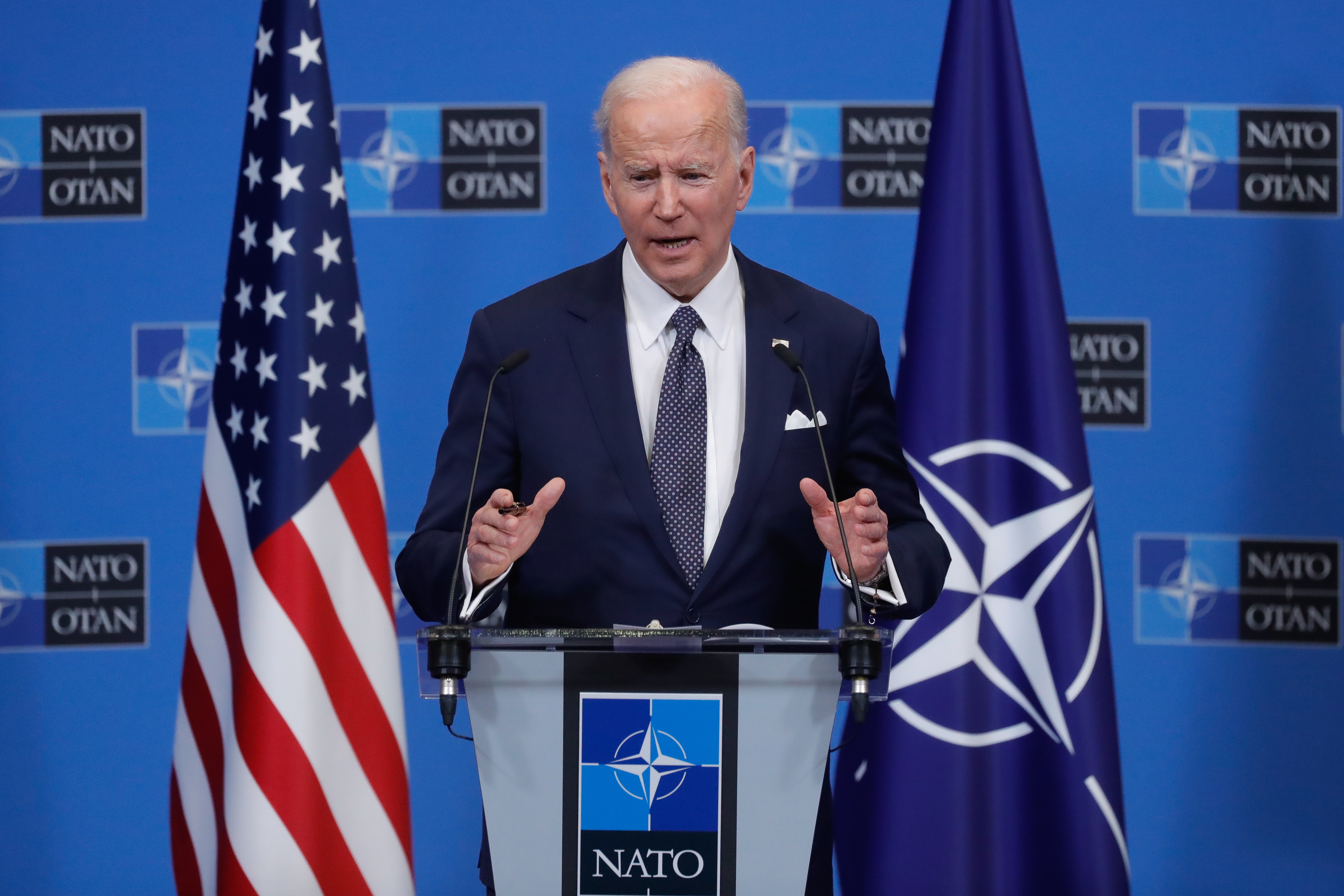 Brussels (Belgium), 24/03/2022.- US President Joe Biden gives a press conference at the end of a Group of Seven (G7) Leaders meeting at the Alliance headquarters in Brussels, Belgium, 24 March 2022. (Bélgica, Ucrania, Bruselas) EFE/EPA/STEPHANIE LECOCQ