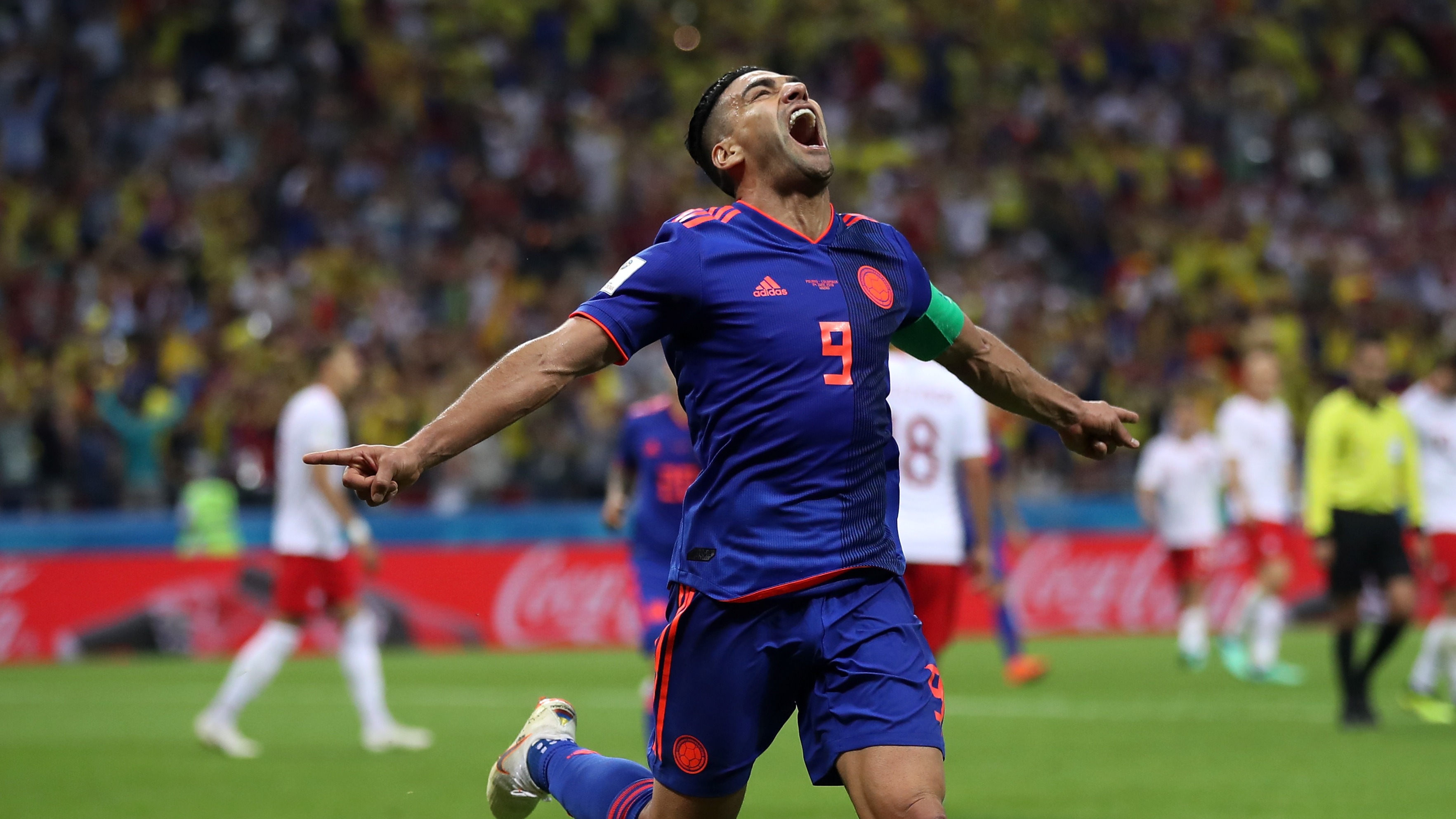 Radamel Falcao celebrando su primer gol con la selección de Colombia en un Mundial durante Rusia 2018.