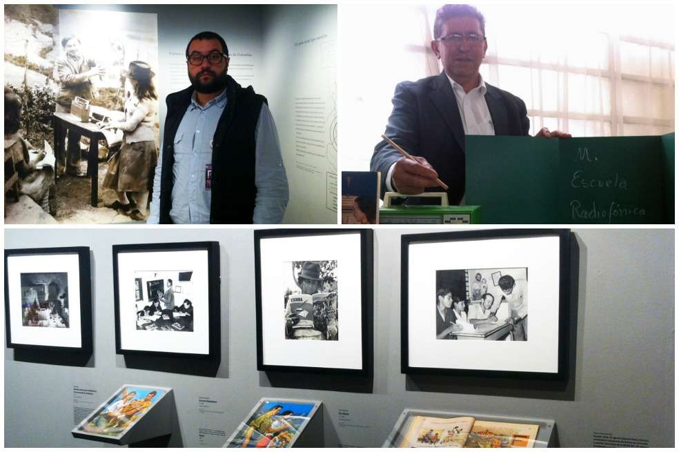 Libardo Sánchez, historiador del Museo Nacional, Ismael Prieto, quien se educó con Radio Sutatenza e imágenes de la exposición “Memorias del mundo campesino”, que se exhibe en el Museo Nacional. / Lizeth Cadena
