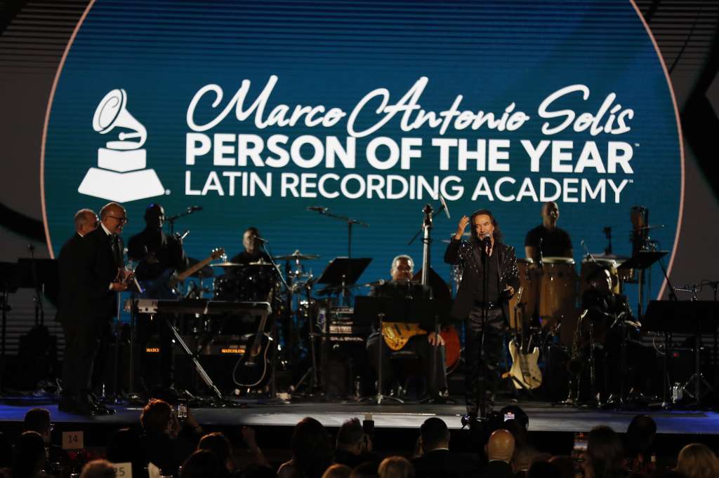 Las Vegas (United States), 17/11/2022.- Marco Antonio Solis on stage during the the Latin Recording Academy Person of the Year event at the Michelob Ultra Arena at Mandalay Bay in Las Vegas, Nevada, 16 November 2022. The event is held annually a day prior to the Latin Grammy Awards. (Estados Unidos) EFE/EPA/ETIENNE LAURENT