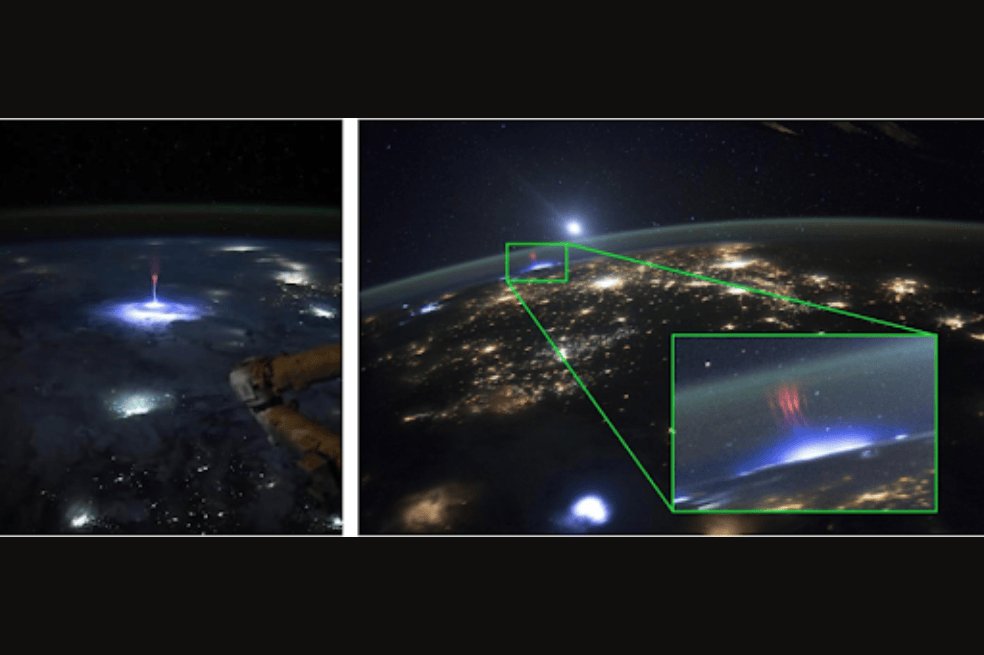 Izquierda: Gigantesco evento de chorro desde la Estación Espacial Internacional, tomado por la astronauta de la NASA Nichole Ayers. (Crédito: Ayers) Derecha: Evento de sprites sobre un rayo, visto desde el espacio. Esta foto fue tomada por astronautas a bordo de la Estación Espacial Internacional durante la Expedición 44.
Crédito: Astronautas de la NASA a bordo de la Expedición 44